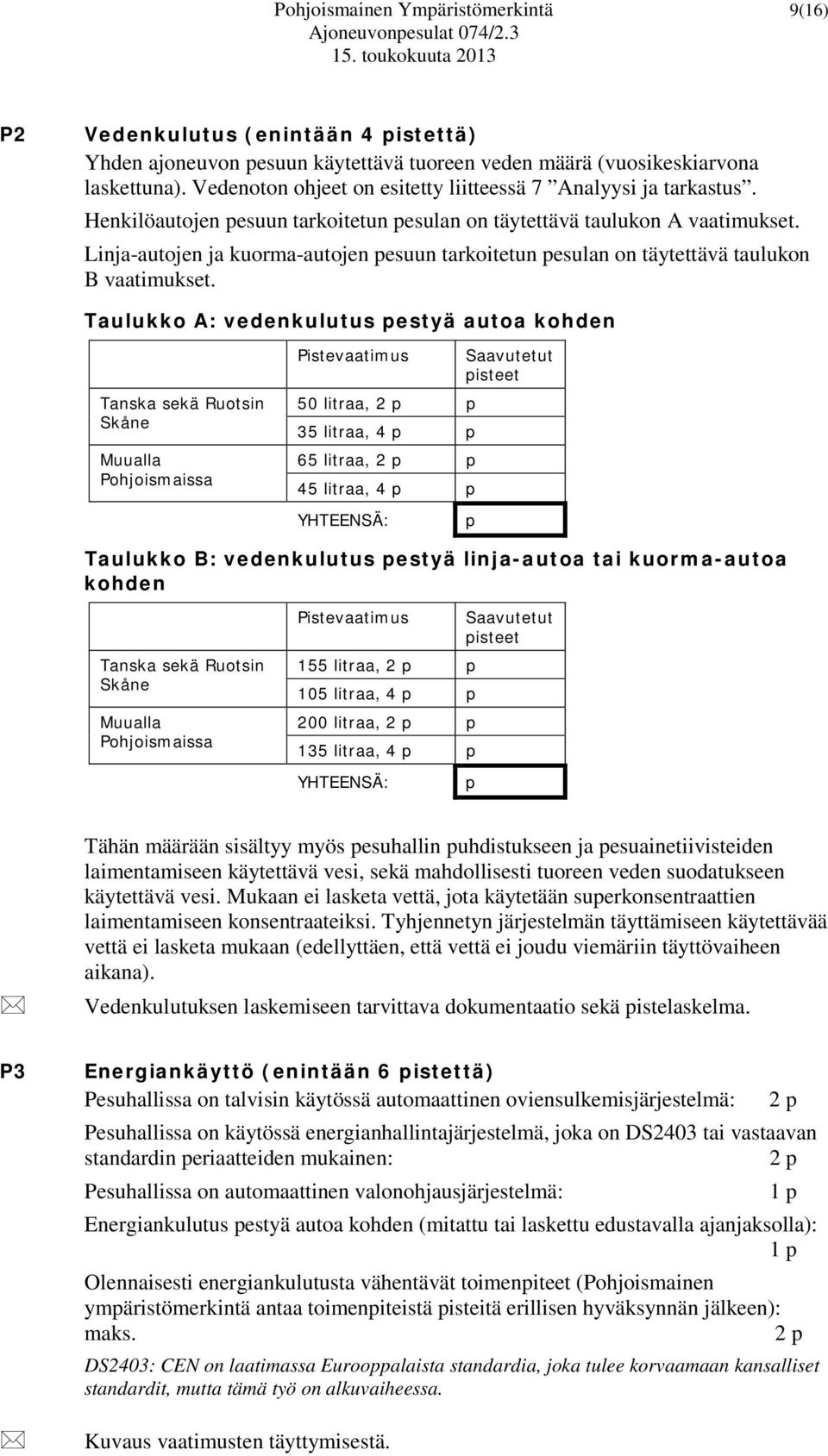 Linja-autojen ja kuorma-autojen pesuun tarkoitetun pesulan on täytettävä taulukon B vaatimukset.