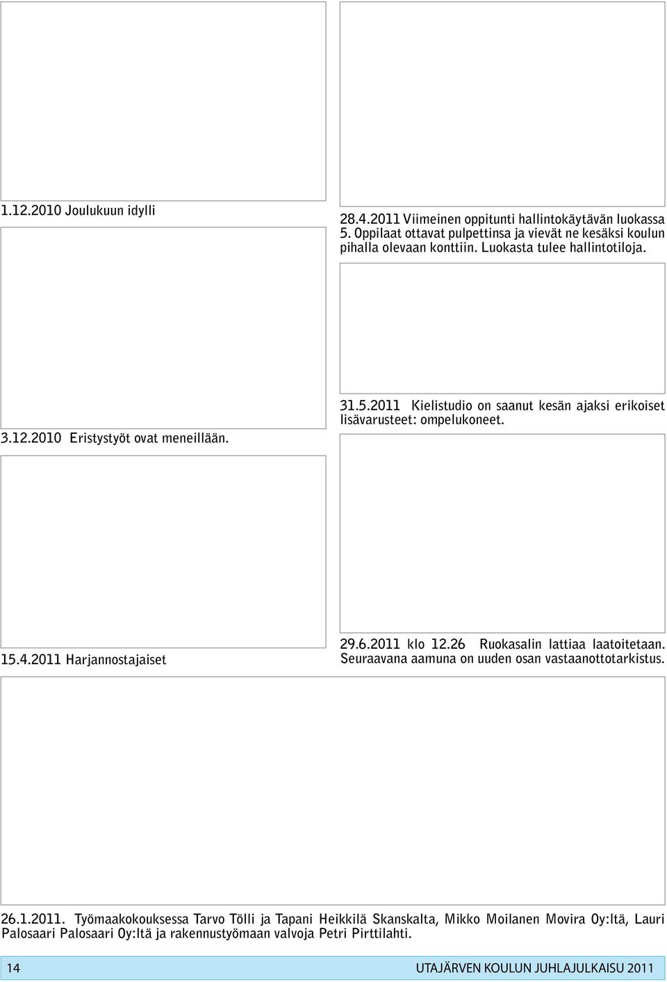 2011 Harjannostajaiset 29.6.2011 klo 12.26 Ruokasalin lattiaa laatoitetaan. Seuraavana aamuna on uuden osan vastaanottotarkistus. 26.1.2011. Työmaakokouksessa Tarvo