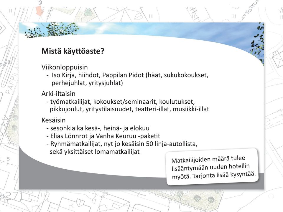 työmatkailijat, kokoukset/seminaarit, koulutukset, pikkujoulut, yritystilaisuudet, teatteri-illat, musiikki-illat Kesäisin -