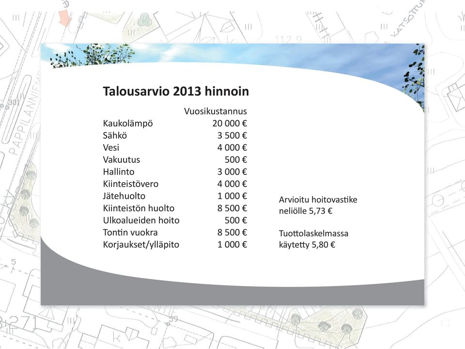 Kiinteistön huolto 8 500 Ulkoalueiden hoito 500 Tontin vuokra 8 500