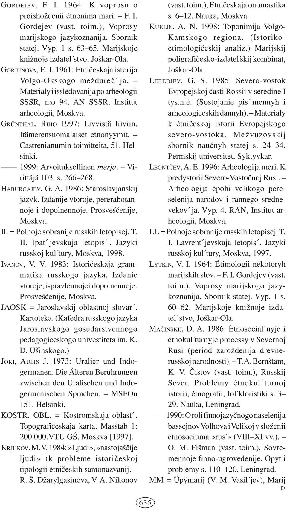 AN SSSR, Institut arheologii, Moskva. GRÜNTHAL, RIHO 1997: Livvistä liiviin. Itämerensuomalaiset etnonyymit. Castrenianumin toimitteita, 51. Helsinki. 1999: Arvoituksellinen merja. Virittäjä 103, s.