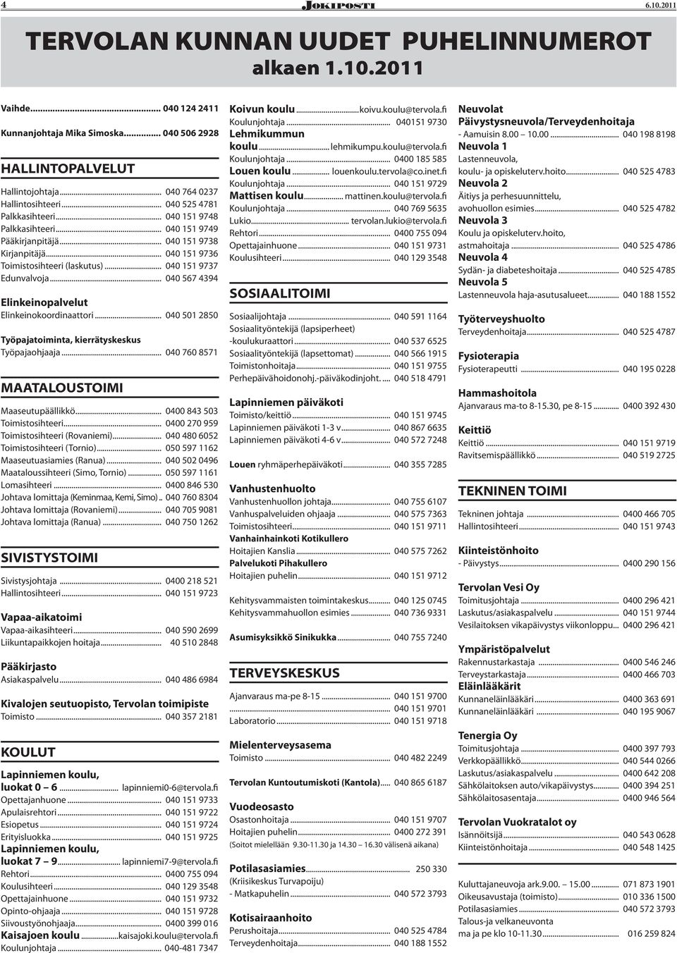 .. 040 567 4394 Elinkeinoplvelut Elinkeinokoordinttori... 040 501 2850 Työpjtoimint, kierrätyskeskus Työpjohjj... 040 760 8571 MAATALOUSTOIMI Mseutupäällikkö... 0400 843 503 Toimistosihteeri.