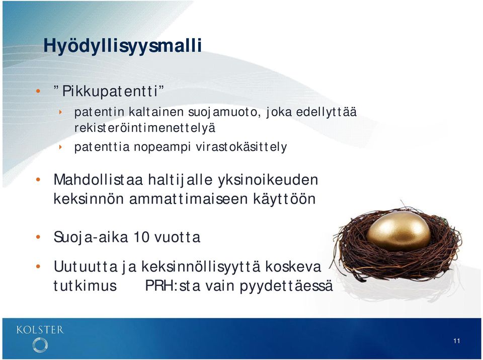 Mahdollistaa haltijalle yksinoikeuden keksinnön ammattimaiseen käyttöön