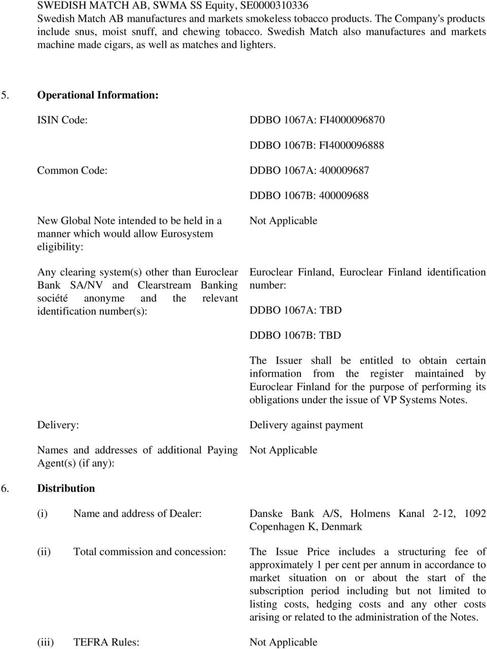 Operational Information: ISIN Code: DDBO 1067A: FI4000096870 DDBO 1067B: FI4000096888 Common Code: DDBO 1067A: 400009687 DDBO 1067B: 400009688 New Global Note intended to be held in a manner which