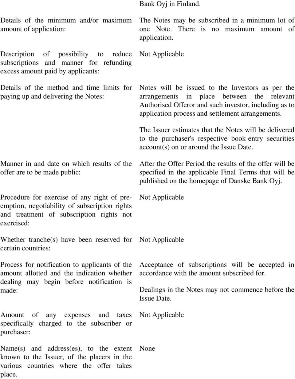 time limits for paying up and delivering the Notes: The Notes may be subscribed in a minimum lot of one Note. There is no maximum amount of application.