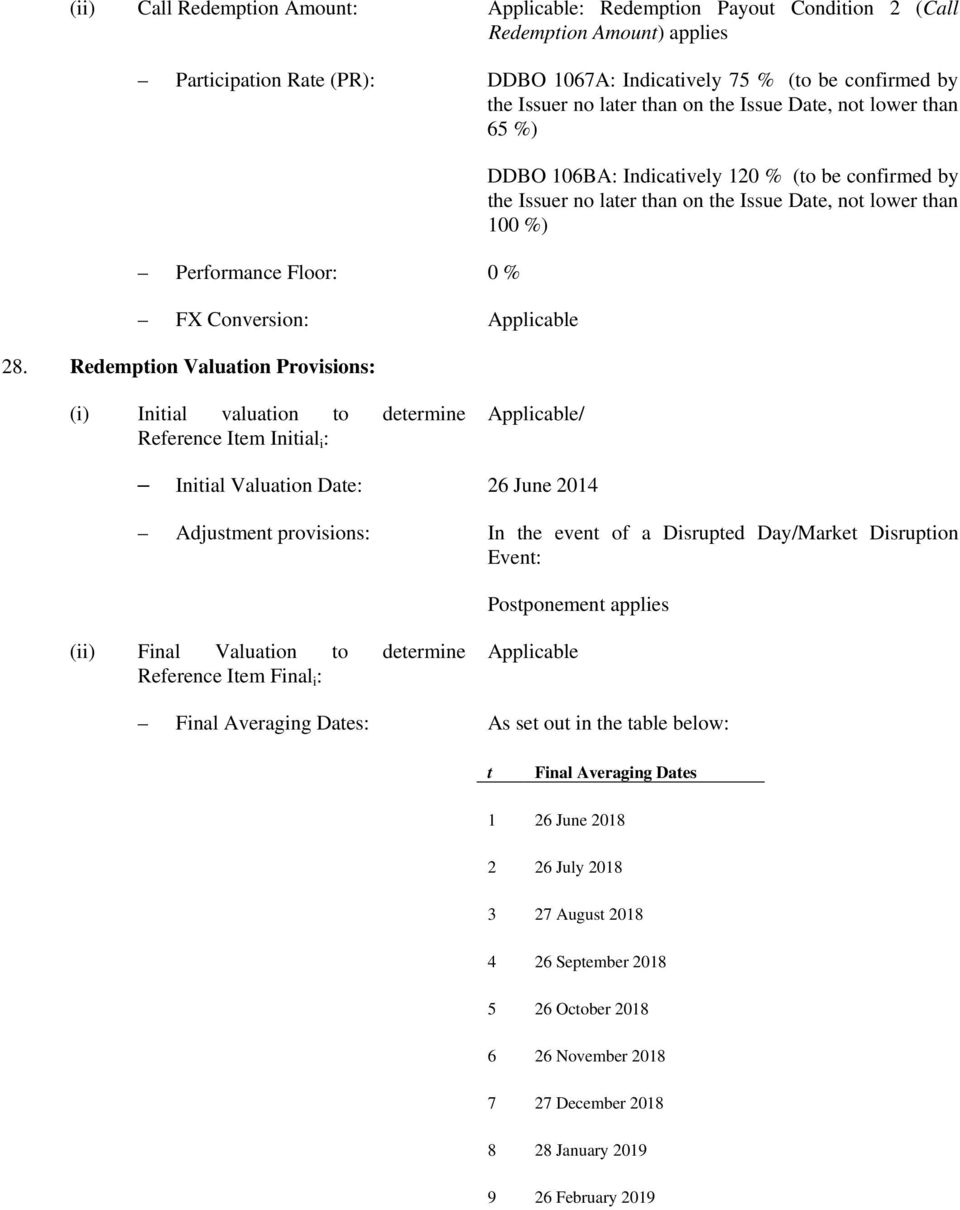 Redemption Valuation Provisions: DDBO 106BA: Indicatively 120 % (to be confirmed by the Issuer no later than on the Issue Date, not lower than 100 %) (i) Initial valuation to determine Reference Item