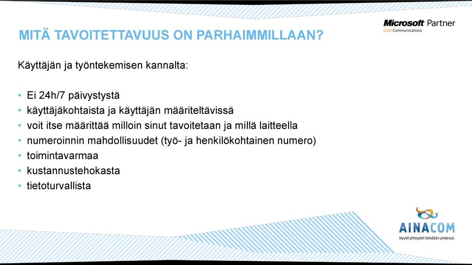 käyttäjän määriteltävissä voit itse määrittää milloin sinut tavoitetaan ja millä