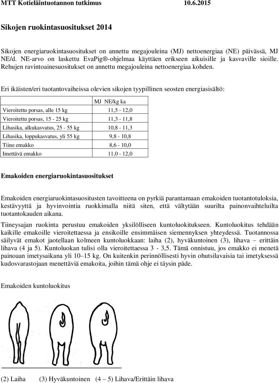 Eri ikäisten/eri tuotantovaiheissa olevien sikojen tyypillinen seosten energiasisältö: MJ NE/kg ka Vieroitettu porsas, alle 15 kg 11,5-12,0 Vieroitettu porsas, 15-25 kg 11,3-11,8 Lihasika,