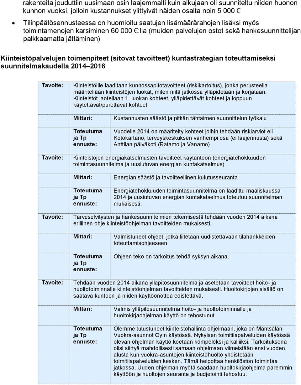 tavoitteet) kuntastrategian toteuttamiseksi suunnitelmakaudella 2016 Kiinteistöille laaditaan kunnossapitotavoitteet (riskikartoitus), jonka perusteella määritellään kiinteistöjen luokat, miten niitä