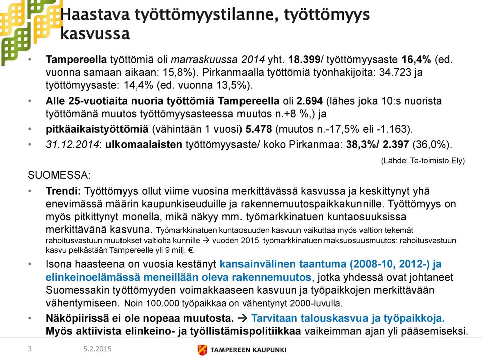 694 (lähes joka 10:s nuorista työttömänä muutos työttömyysasteessa muutos n.+8 %,) ja pitkäaikaistyöttömiä (vähintään 1 vuosi) 5.478 (muutos n.-17,5% eli -1.163). 31.12.