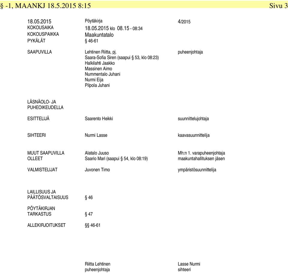 Heikki suunnittelujohtaja SIHTEERI Nurmi Lasse kaavasuunnittelija MUUT SAAPUVILLA OLLEET Alatalo Juuso Saario Mari (saapui 54, klo 08:19) Mh:n 1.