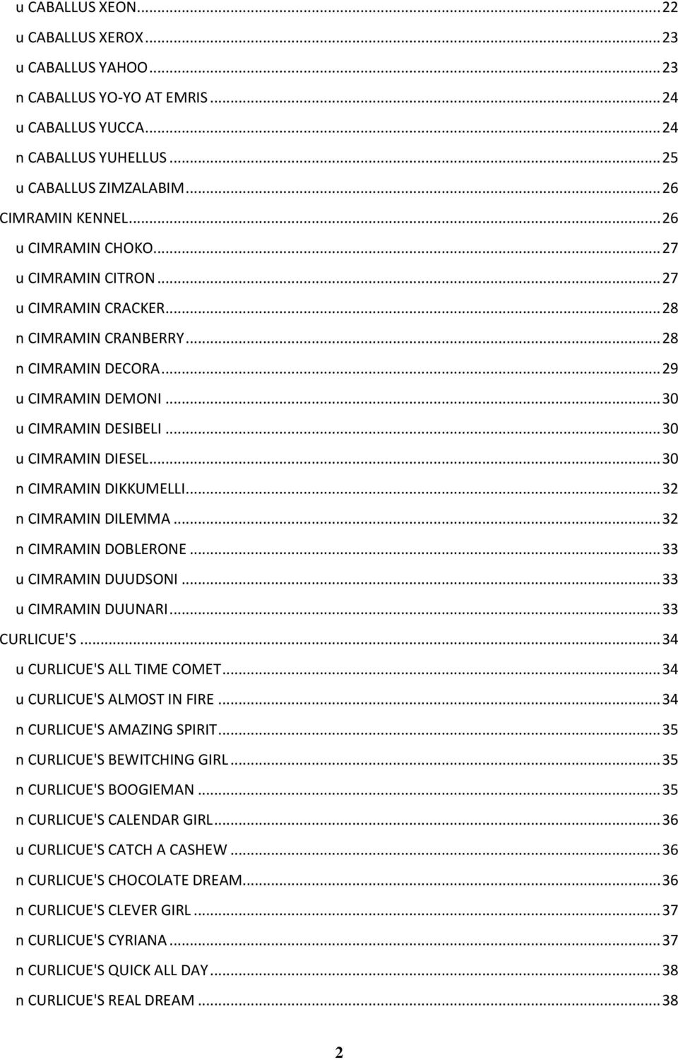 .. 30 n CIMRAMIN DIKKUMELLI... 32 n CIMRAMIN DILEMMA... 32 n CIMRAMIN DOBLERONE... 33 u CIMRAMIN DUUDSONI... 33 u CIMRAMIN DUUNARI... 33 CURLICUE'S... 34 u CURLICUE'S ALL TIME COMET.