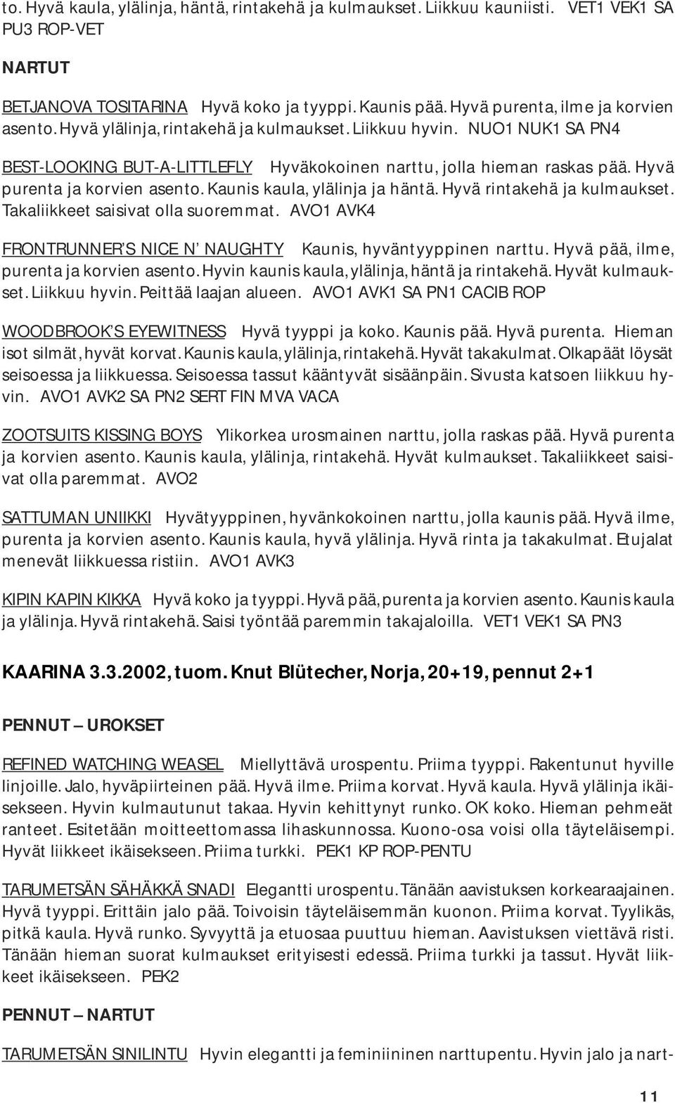 Kaunis kaula, ylälinja ja häntä. Hyvä rintakehä ja kulmaukset. Takaliikkeet saisivat olla suoremmat. AVO1 AVK4 FRONTRUNNER S NICE N NAUGHTY Kaunis, hyväntyyppinen narttu.