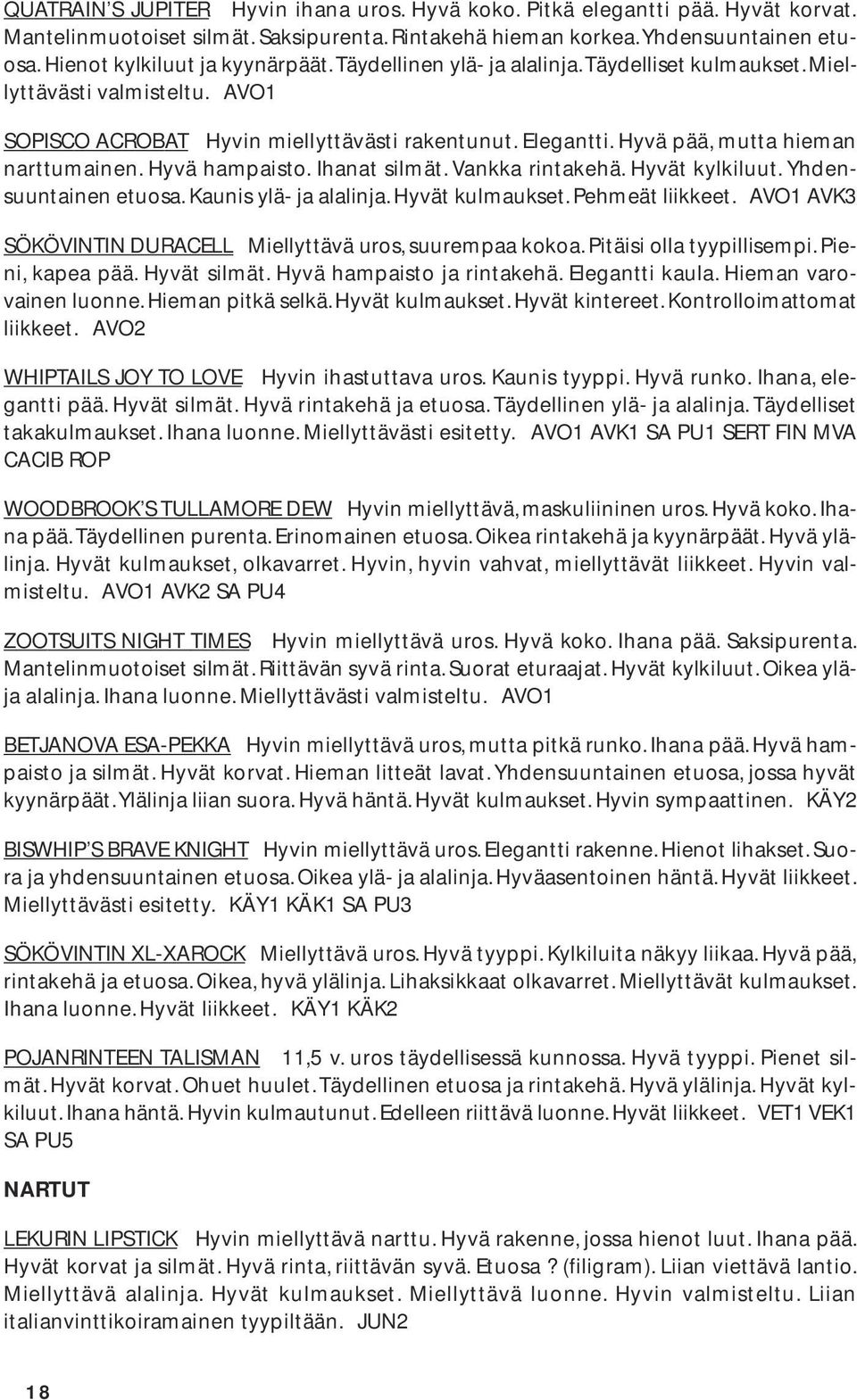 Hyvä pää, mutta hieman narttumainen. Hyvä hampaisto. Ihanat silmät. Vankka rintakehä. Hyvät kylkiluut. Yhdensuuntainen etuosa. Kaunis ylä- ja alalinja. Hyvät kulmaukset. Pehmeät liikkeet.