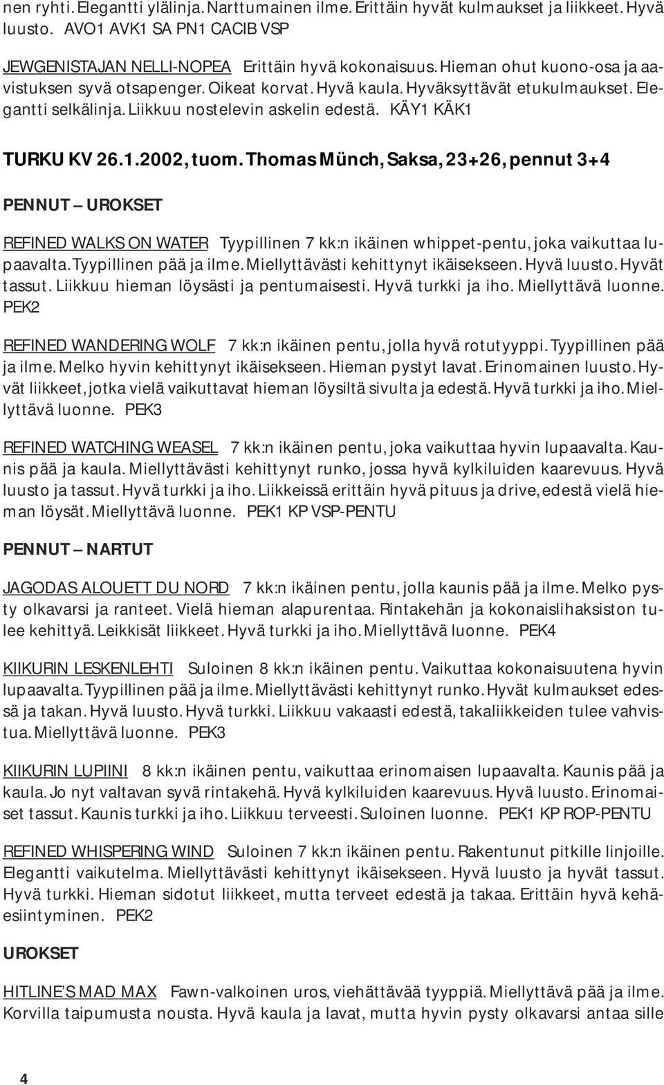 Thomas Münch, Saksa, 23+26, pennut 3+4 PENNUT UROKSET REFINED WALKS ON WATER Tyypillinen 7 kk:n ikäinen whippet-pentu, joka vaikuttaa lupaavalta. Tyypillinen pää ja ilme.