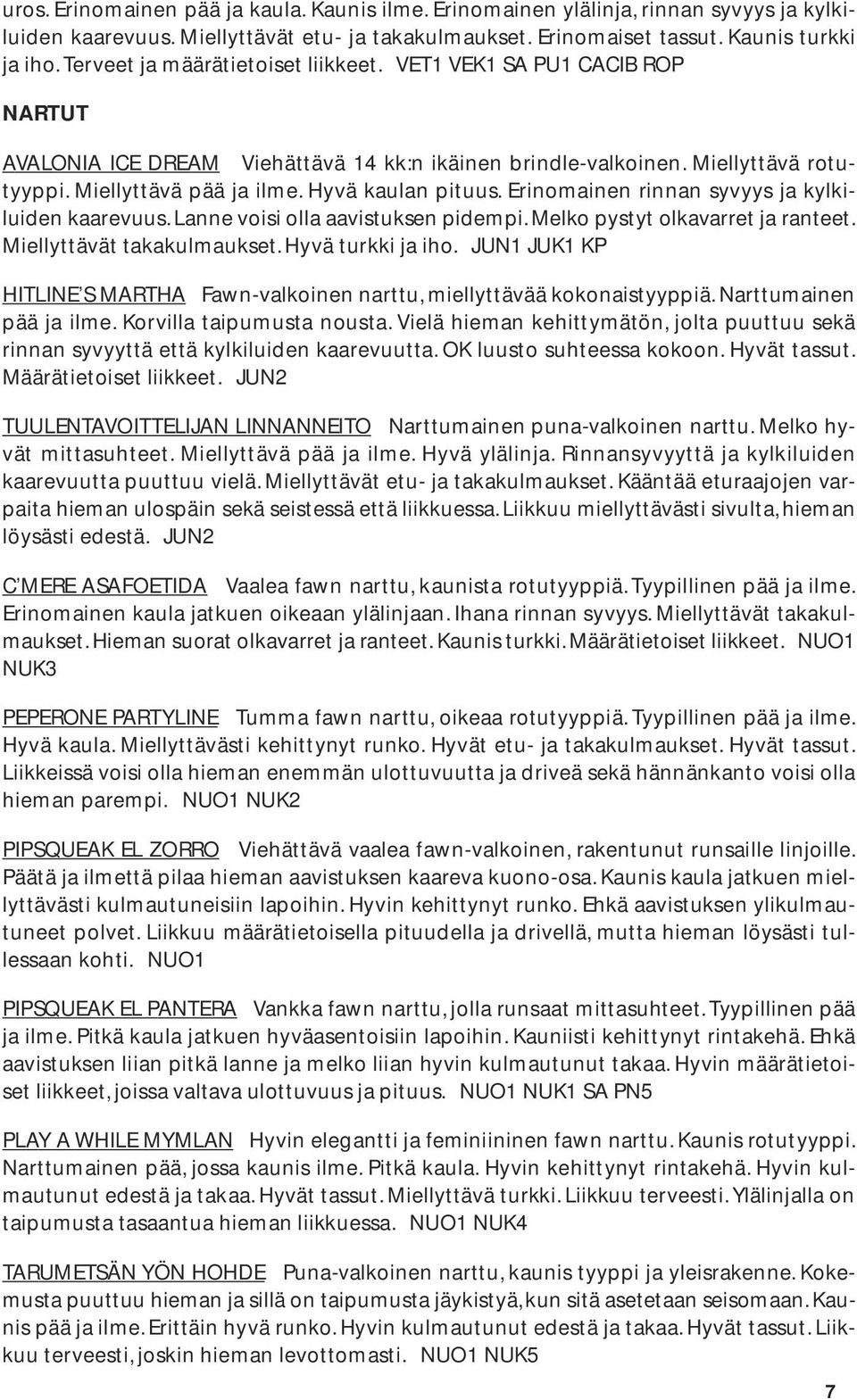 Hyvä kaulan pituus. Erinomainen rinnan syvyys ja kylkiluiden kaarevuus. Lanne voisi olla aavistuksen pidempi. Melko pystyt olkavarret ja ranteet. Miellyttävät takakulmaukset. Hyvä turkki ja iho.