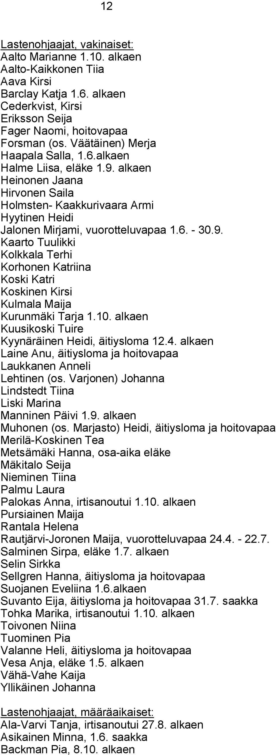 10. alkaen Kuusikoski Tuire Kyynäräinen Heidi, äitiysloma 12.4. alkaen Laine Anu, äitiysloma ja hoitovapaa Laukkanen Anneli Lehtinen (os.