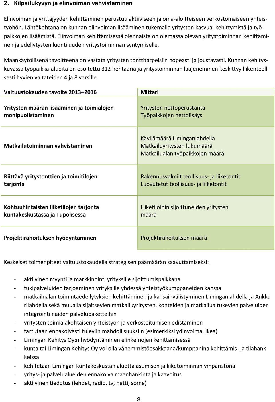 Elinvoiman kehittämisessä olennaista on olemassa olevan yritystoiminnan kehittäminen ja edellytysten luonti uuden yritystoiminnan syntymiselle.