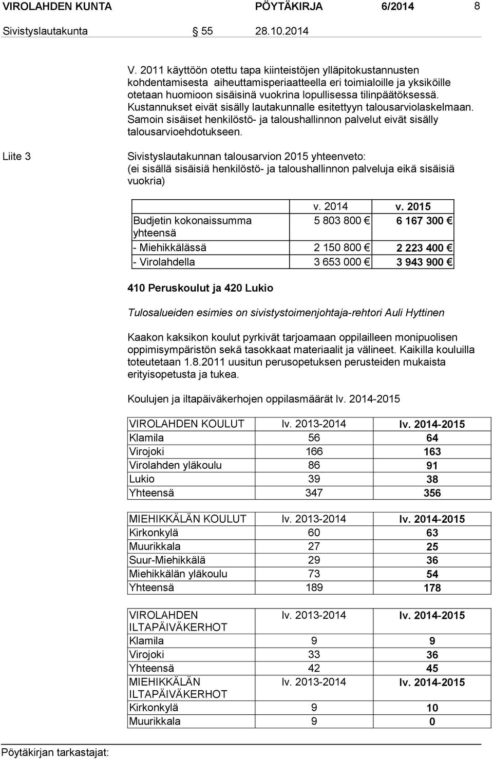 Kustannukset eivät sisälly lautakunnalle esitettyyn talousarviolaskelmaan. Samoin sisäiset henkilöstö- ja taloushallinnon palvelut eivät sisälly talousarvioehdotukseen.