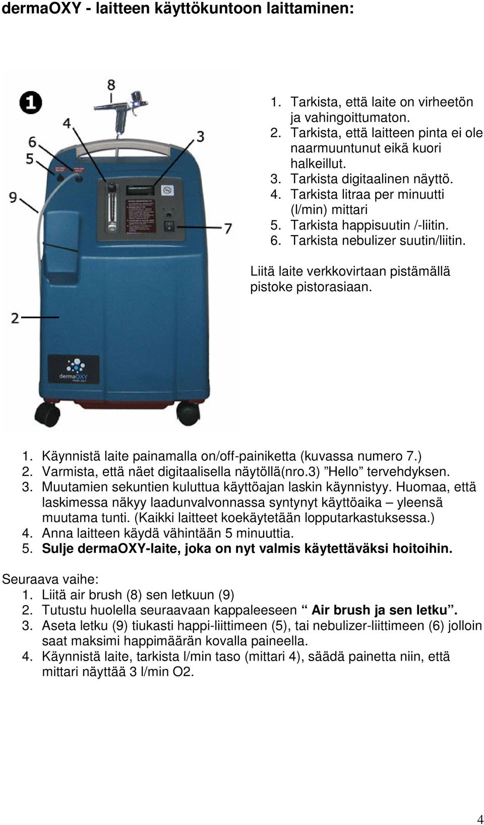 Liitä laite verkkovirtaan pistämällä pistoke pistorasiaan. 1. Käynnistä laite painamalla on/off-painiketta (kuvassa numero 7.) 2. Varmista, että näet digitaalisella näytöllä(nro.3) Hello tervehdyksen.