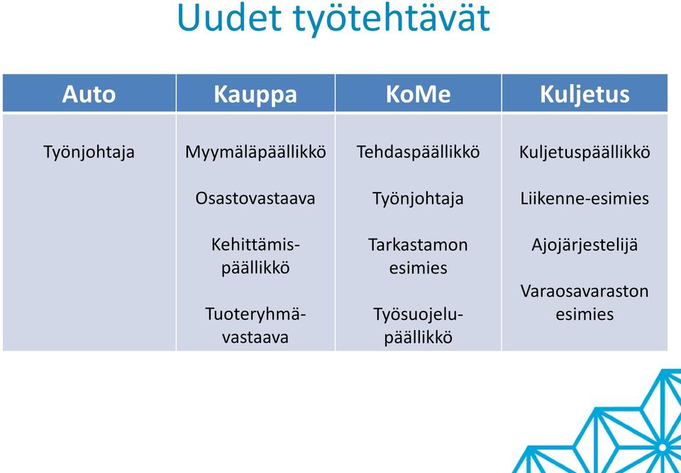 Työnjohtaja Liikenne-esimies Kehittämispäällikkö Tuoteryhmävastaava