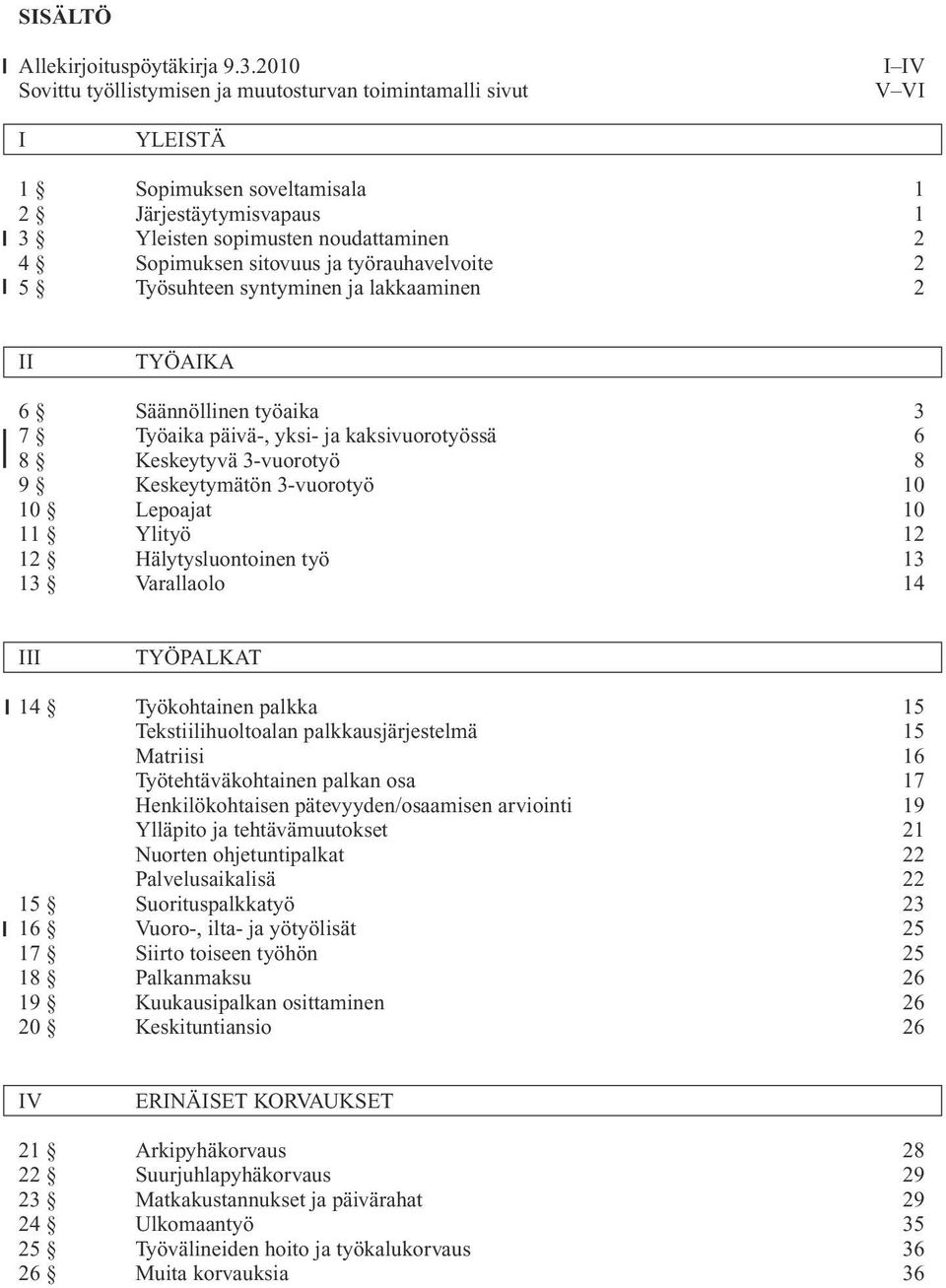 ja työrauhavelvoite 2 5 Työsuhteen syntyminen ja lakkaaminen 2 II TYÖAIKA 6 Säännöllinen työaika 3 7 Työaika päivä-, yksi ja kaksivuorotyössä 6 8 Keskeytyvä 3 vuorotyö 8 9 Keskeytymätön 3 vuorotyö 10