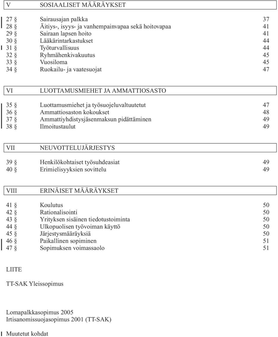 Ammattiyhdistysjäsenmaksun pidättäminen 49 38 Ilmoitustaulut 49 VII NEUVOTTELUJÄRJESTYS 39 Henkilökohtaiset työsuhdeasiat 49 40 Erimielisyyksien sovittelu 49 VIII ERINÄISET MÄÄRÄYKSET 41 Koulutus 50