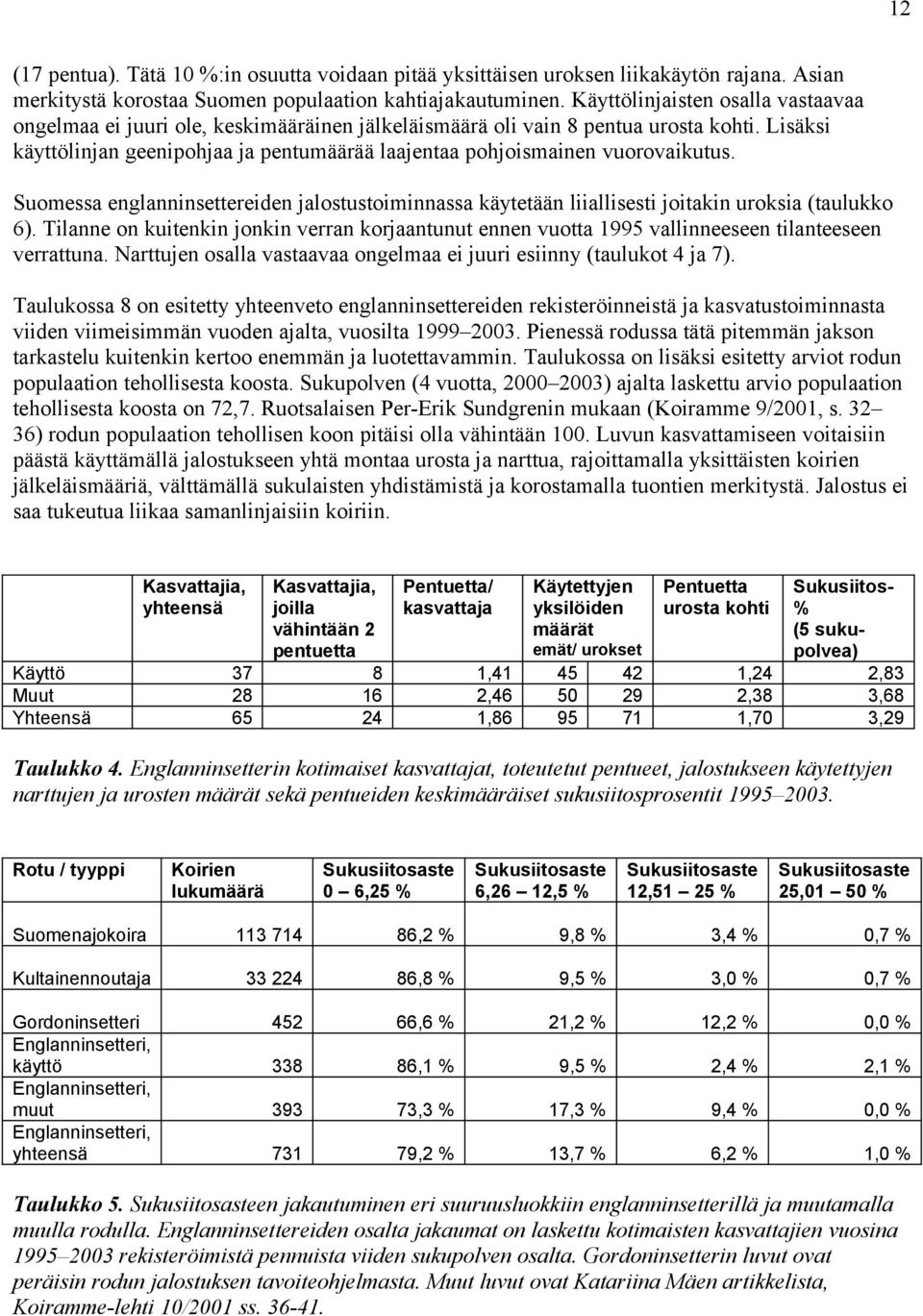 Lisäksi käyttölinjan geenipohjaa ja pentumäärää laajentaa pohjoismainen vuorovaikutus. Suomessa englanninsettereiden jalostustoiminnassa käytetään liiallisesti joitakin uroksia (taulukko 6).