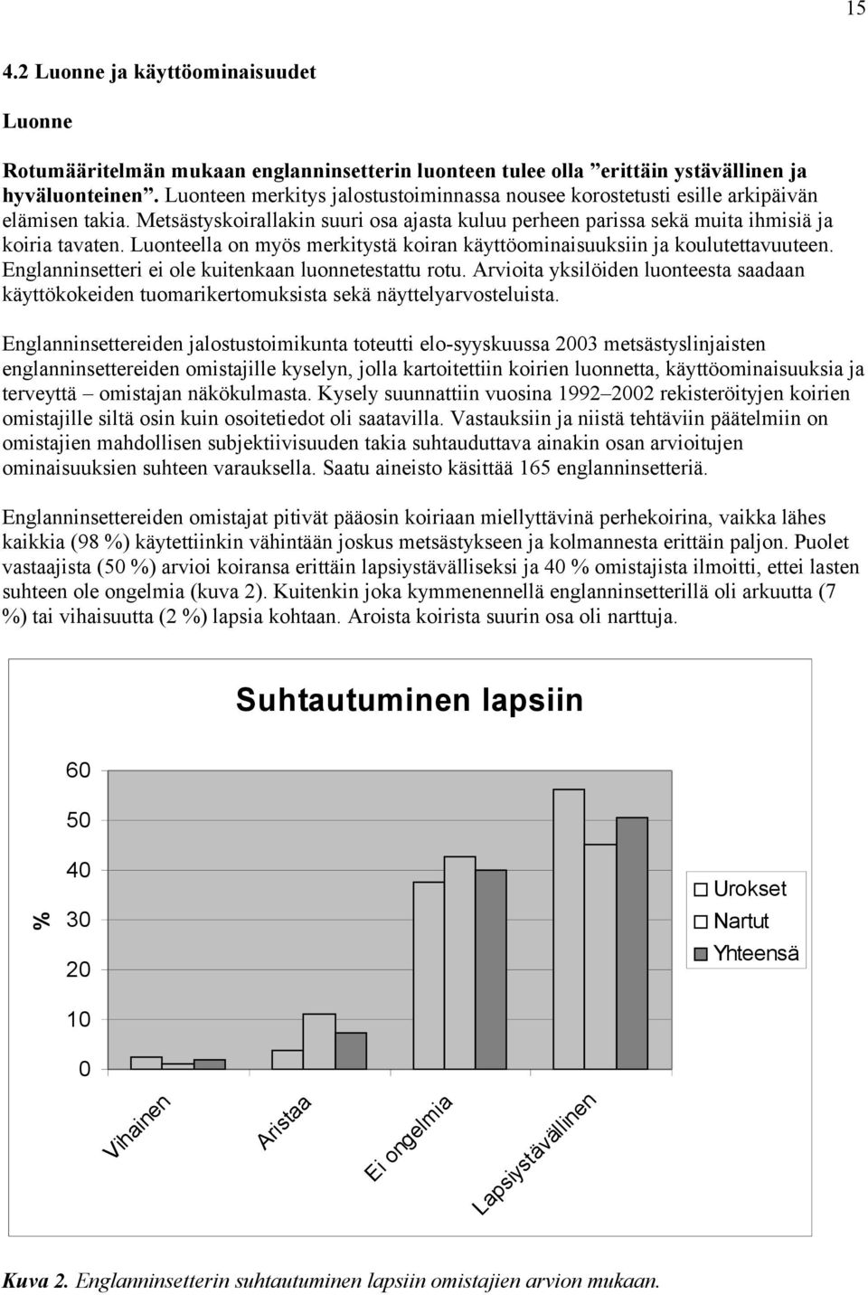 Luonteella on myös merkitystä koiran käyttöominaisuuksiin ja koulutettavuuteen. Englanninsetteri ei ole kuitenkaan luonnetestattu rotu.