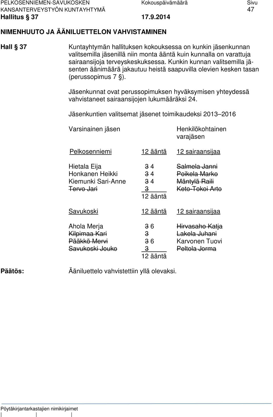 terveyskeskuksessa. Kunkin kunnan valitsemilla jäsenten äänimäärä jakautuu heistä saapuvilla olevien kesken tasan (perussopimus 7 ).