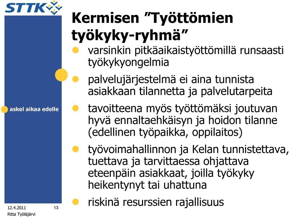 ennaltaehkäisyn ja hoidon tilanne (edellinen työpaikka, oppilaitos) 13 työvoimahallinnon ja Kelan tunnistettava,