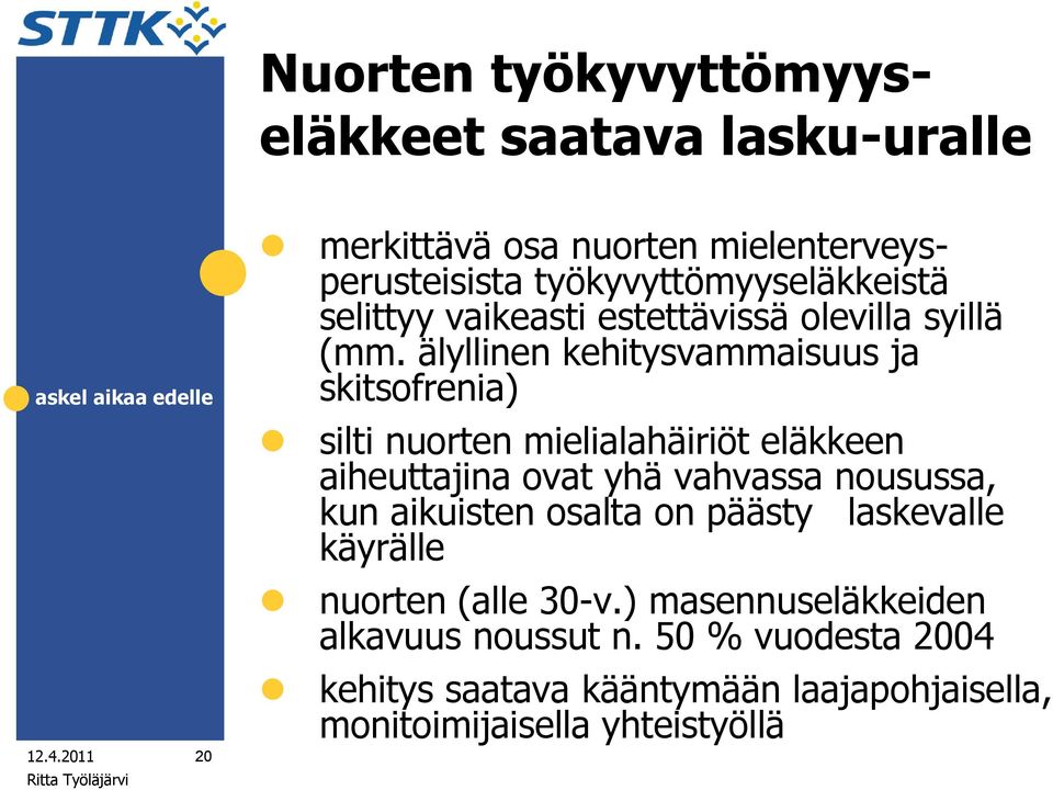 älyllinen kehitysvammaisuus ja skitsofrenia) silti nuorten mielialahäiriöt eläkkeen aiheuttajina ovat yhä vahvassa nousussa, kun