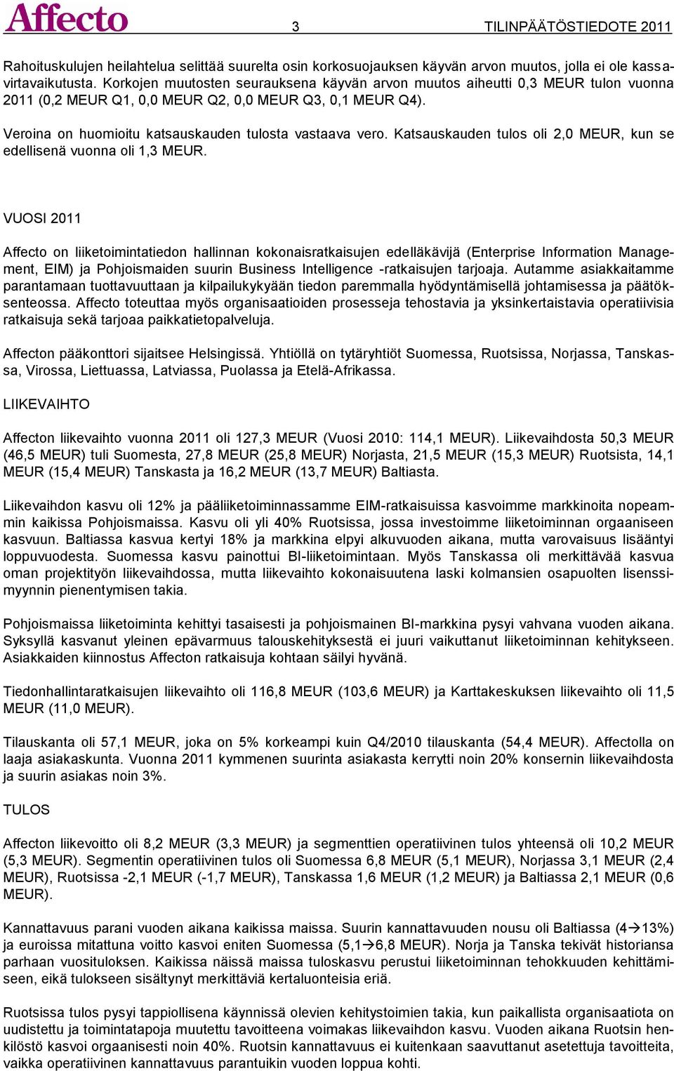 Katsauskauden tulos oli 2,0 MEUR, kun se edellisenä vuonna oli 1,3 MEUR.