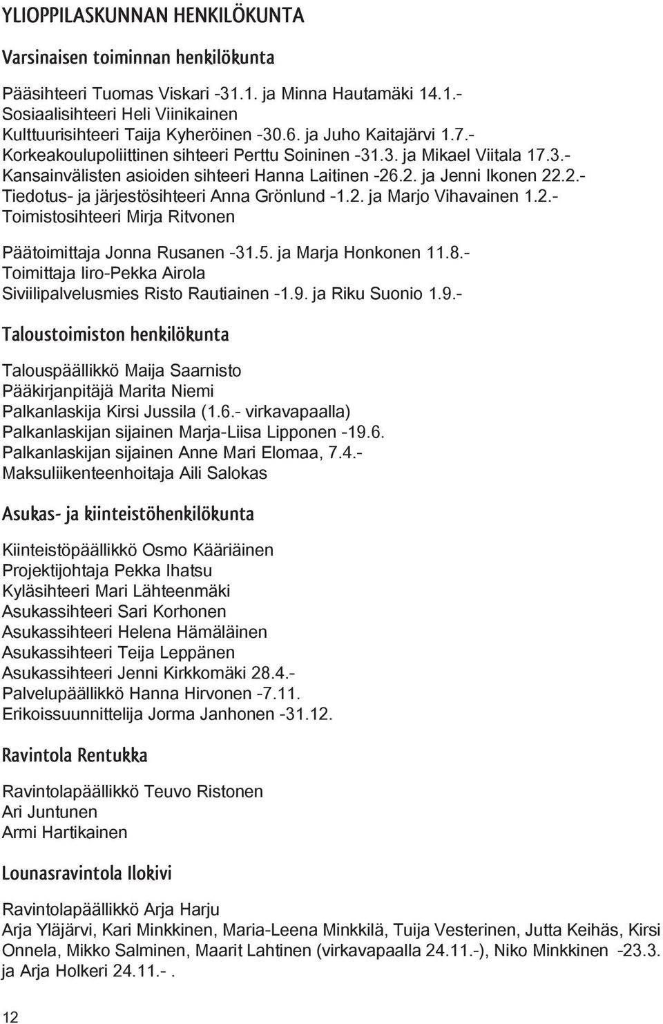 .2. ja Jenni Ikonen 22.2.- Tiedotus- ja järjestösihteeri Anna Grönlund -1.2. ja Marjo Vihavainen 1.2.- Toimistosihteeri Mirja Ritvonen Päätoimittaja Jonna Rusanen -31.5. ja Marja Honkonen 11.8.