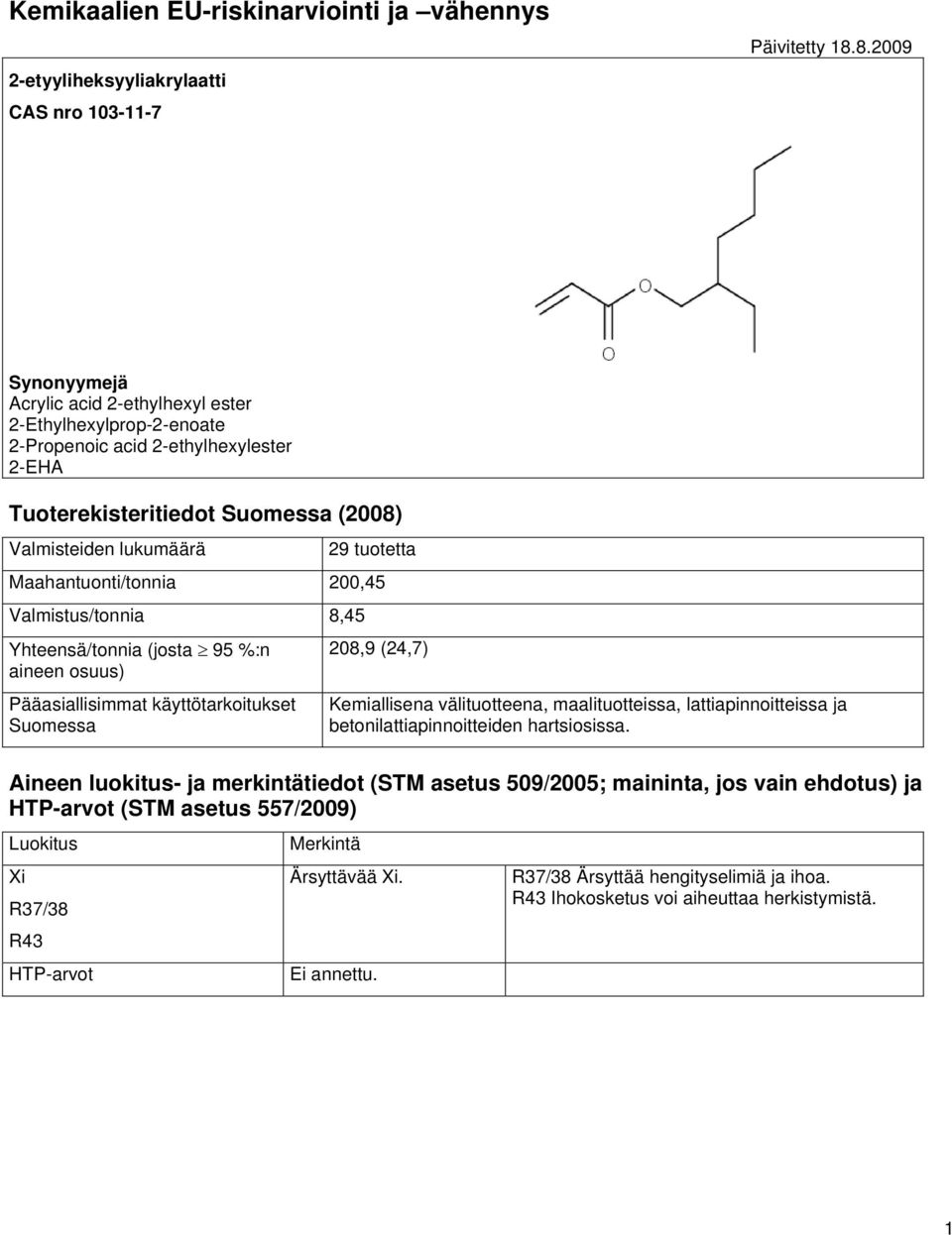 Maahantuonti/tonnia 200,45 Valmistus/tonnia 8,45 Yhteensä/tonnia (josta 95 %:n aineen osuus) Pääasiallisimmat käyttötarkoitukset Suomessa 208,9 (24,7) Kemiallisena välituotteena, maalituotteissa,