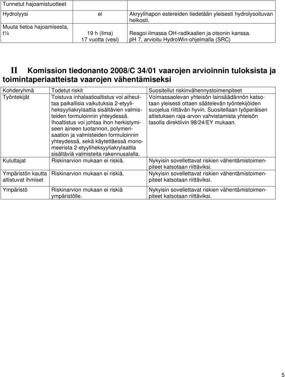 ph 7, arvioitu HydroWin-ohjelmalla (SRC) II Komission tiedonanto 2008/C 34/01 vaarojen arvioinnin tuloksista ja toimintaperiaatteista vaarojen vähentämiseksi Ympäristön kautta altistuvat ihmiset