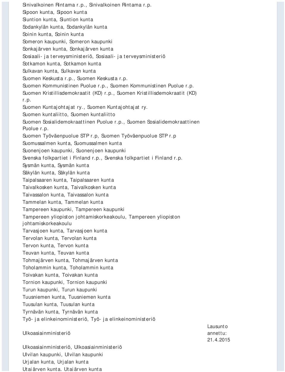 Sosiaali- ja terveysministeriö, Sosiaali- ja terveysministeriö Sotkamon kunta, Sotkamon kunta Sulkavan kunta, Sulkavan kunta Suomen Keskusta r.p., Suomen Keskusta r.p. Suomen Kommunistinen Puolue r.p., Suomen Kommunistinen Puolue r.