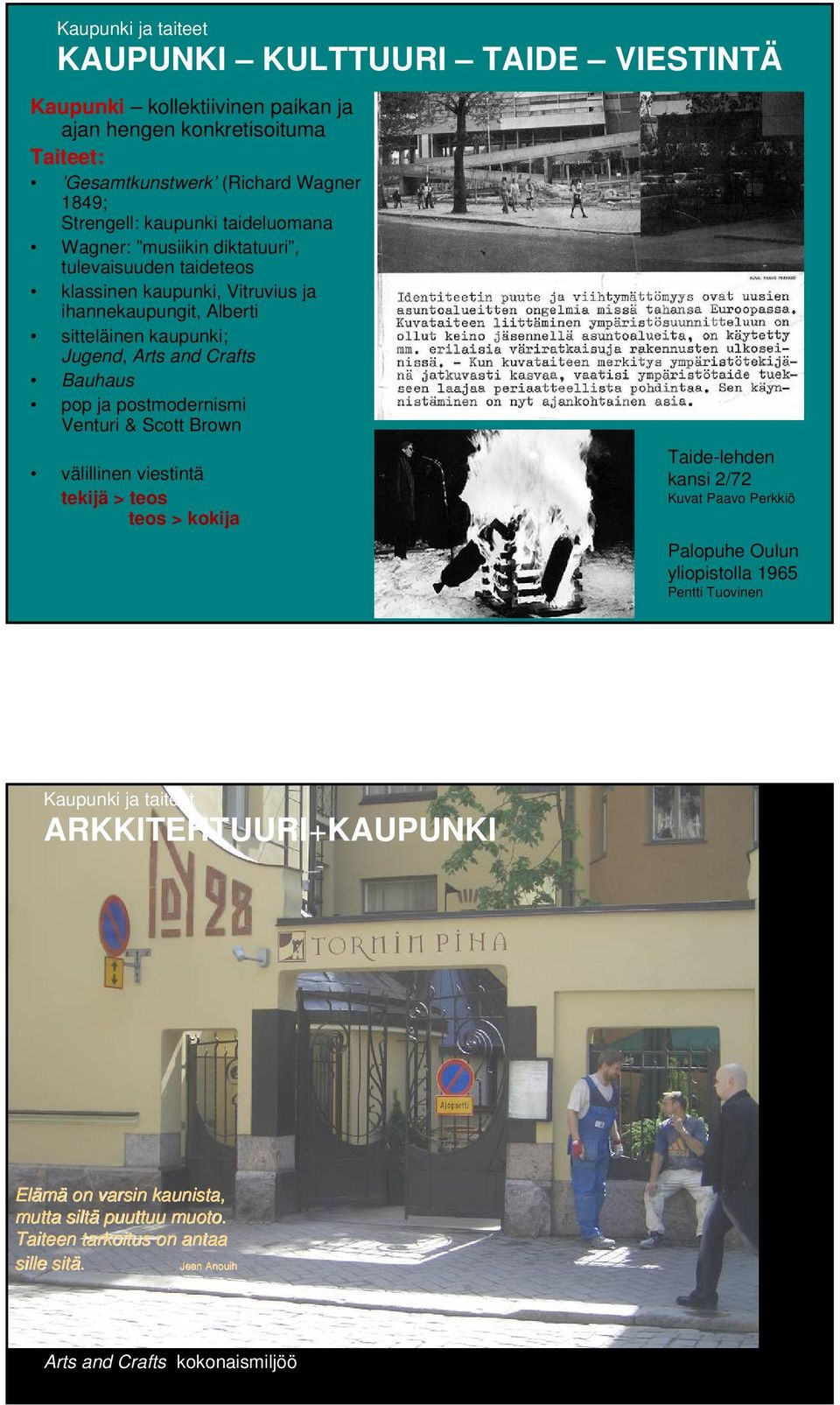 Bauhaus pop ja postmodernismi Venturi & Scott Brown välillinen viestintä tekijä > teos teos > kokija Taide-lehden kansi 2/72 Kuvat Paavo Perkkiö Palopuhe Oulun