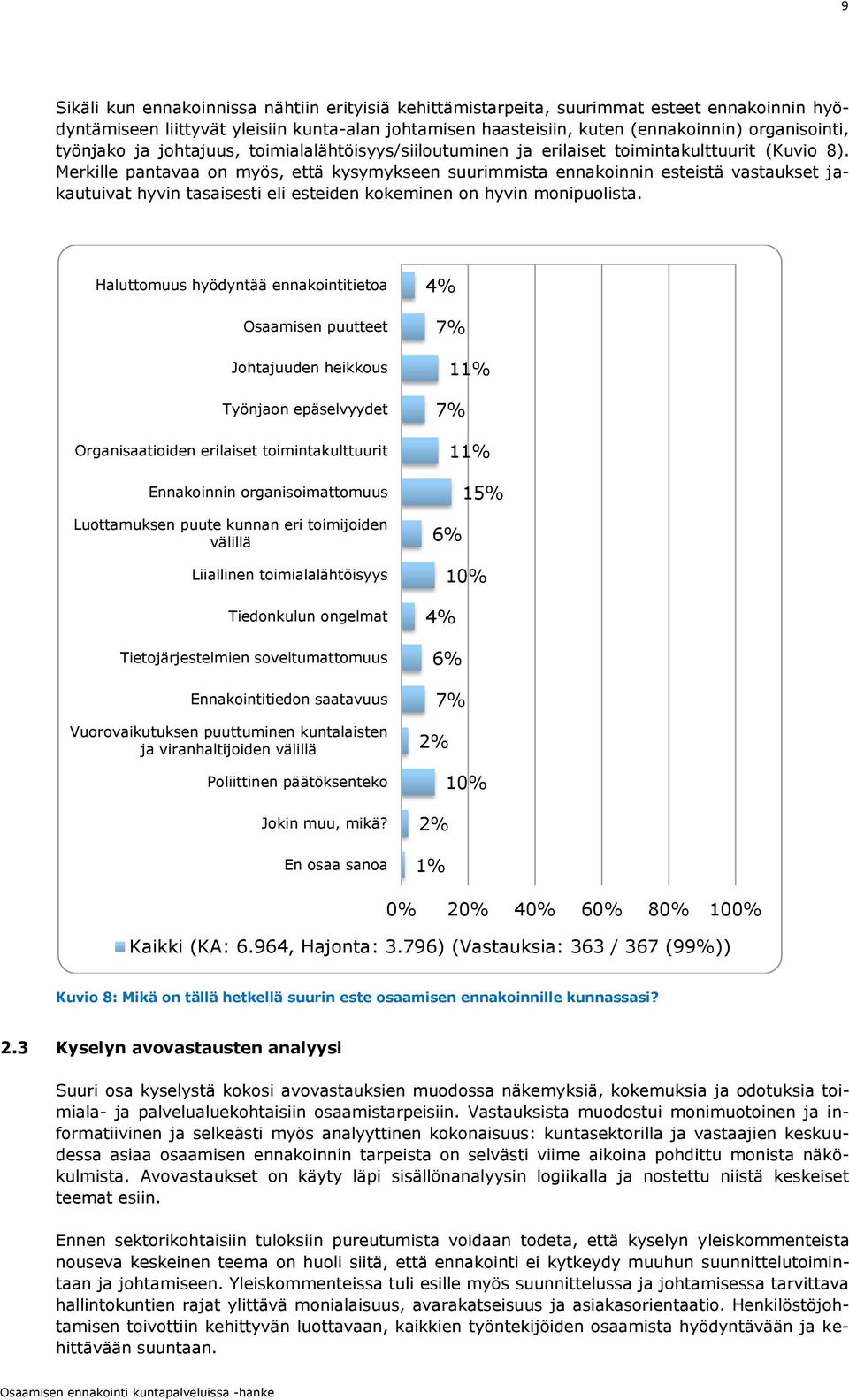 Merkille pantavaa on myös, että kysymykseen suurimmista ennakoinnin esteistä vastaukset jakautuivat hyvin tasaisesti eli esteiden kokeminen on hyvin monipuolista.