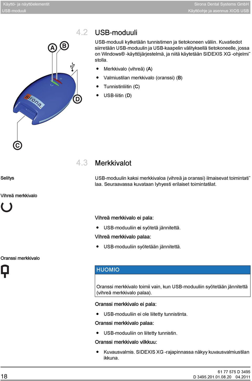 Merkkivalo (vihreä) (A) Valmiustilan merkkivalo (oranssi) (B) Tunnistinliitin (C) USB-liitin (D) 4.