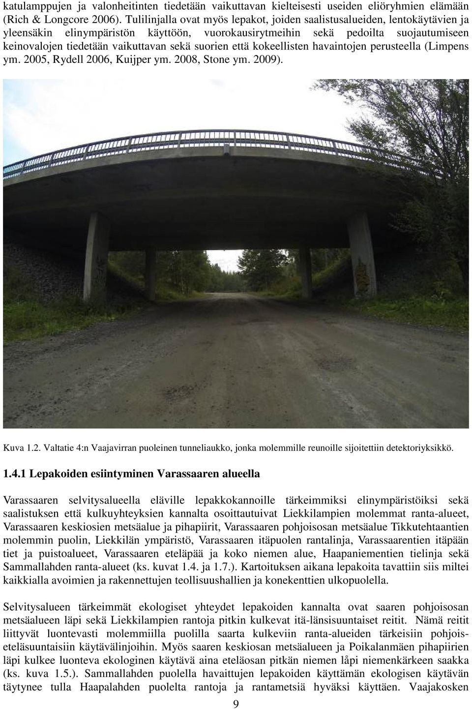 sekä suorien että kokeellisten havaintojen perusteella (Limpens ym. 2005, Rydell 2006, Kuijper ym. 2008, Stone ym. 2009). Kuva 1.2. Valtatie 4:n Vaajavirran puoleinen tunneliaukko, jonka molemmille reunoille sijoitettiin detektoriyksikkö.