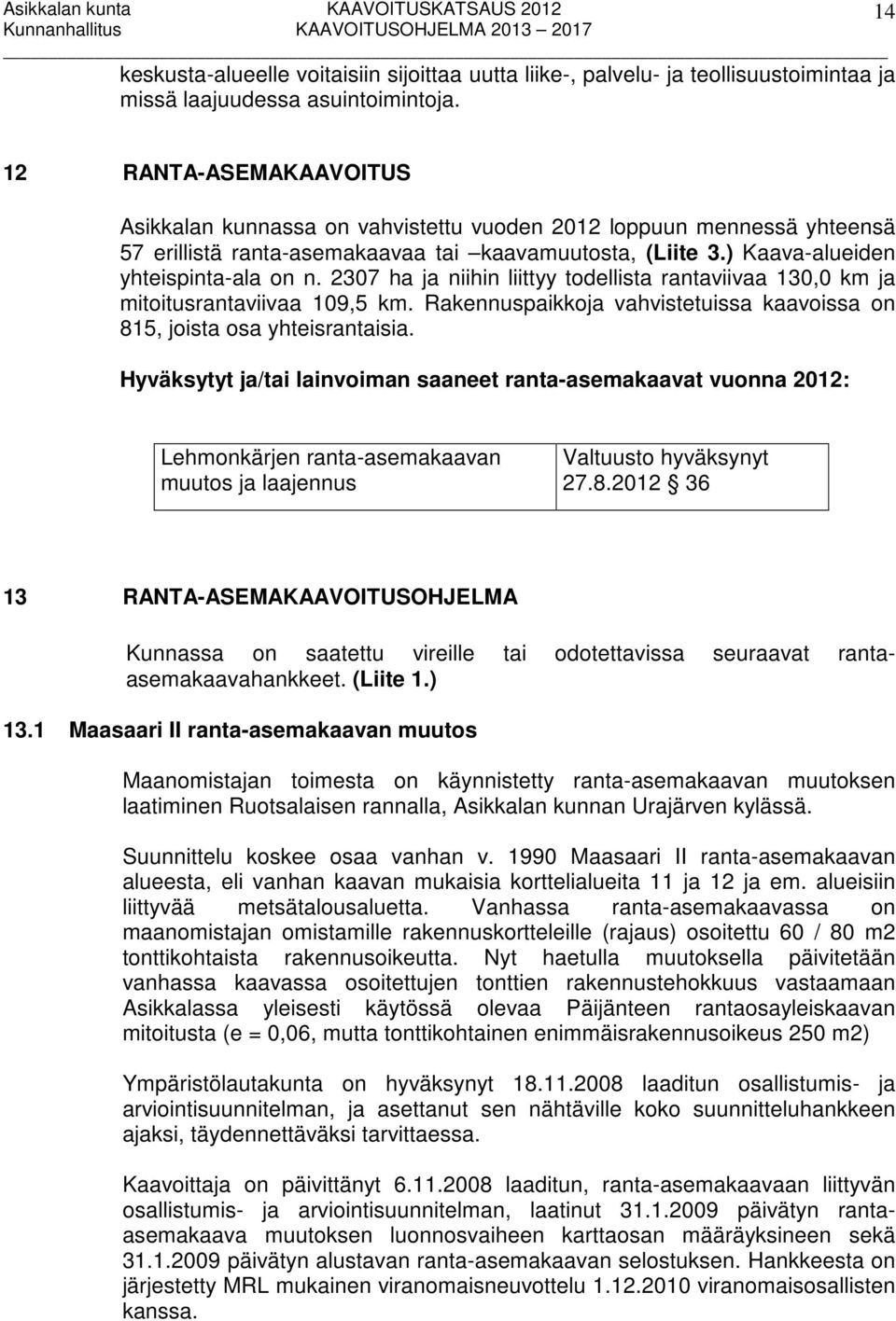 2307 ha ja niihin liittyy todellista rantaviivaa 130,0 km ja mitoitusrantaviivaa 109,5 km. Rakennuspaikkoja vahvistetuissa kaavoissa on 815, joista osa yhteisrantaisia.