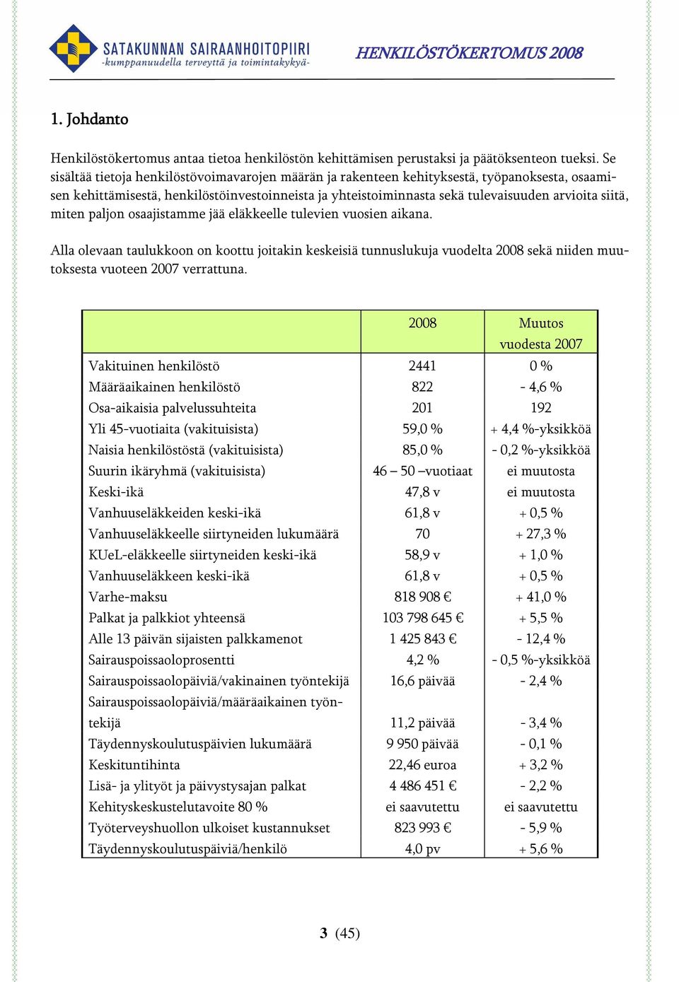 miten paljon osaajistamme jää eläkkeelle tulevien vuosien aikana. Alla olevaan taulukkoon on koottu joitakin keskeisiä tunnuslukuja vuodelta 2008 sekä niiden muutoksesta vuoteen 2007 verrattuna.