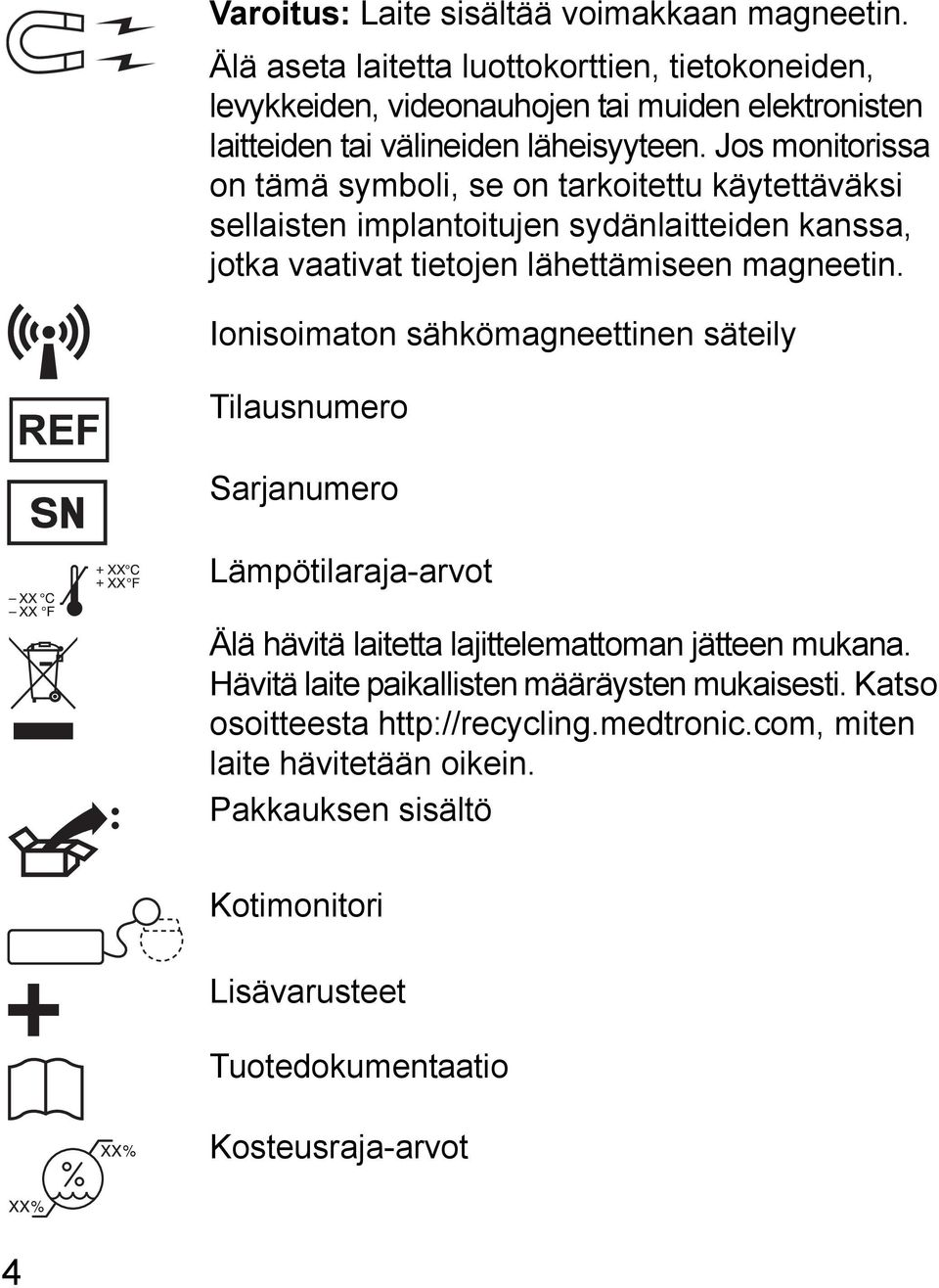 Jos monitorissa on tämä symboli, se on tarkoitettu käytettäväksi sellaisten implantoitujen sydänlaitteiden kanssa, jotka vaativat tietojen lähettämiseen magneetin.