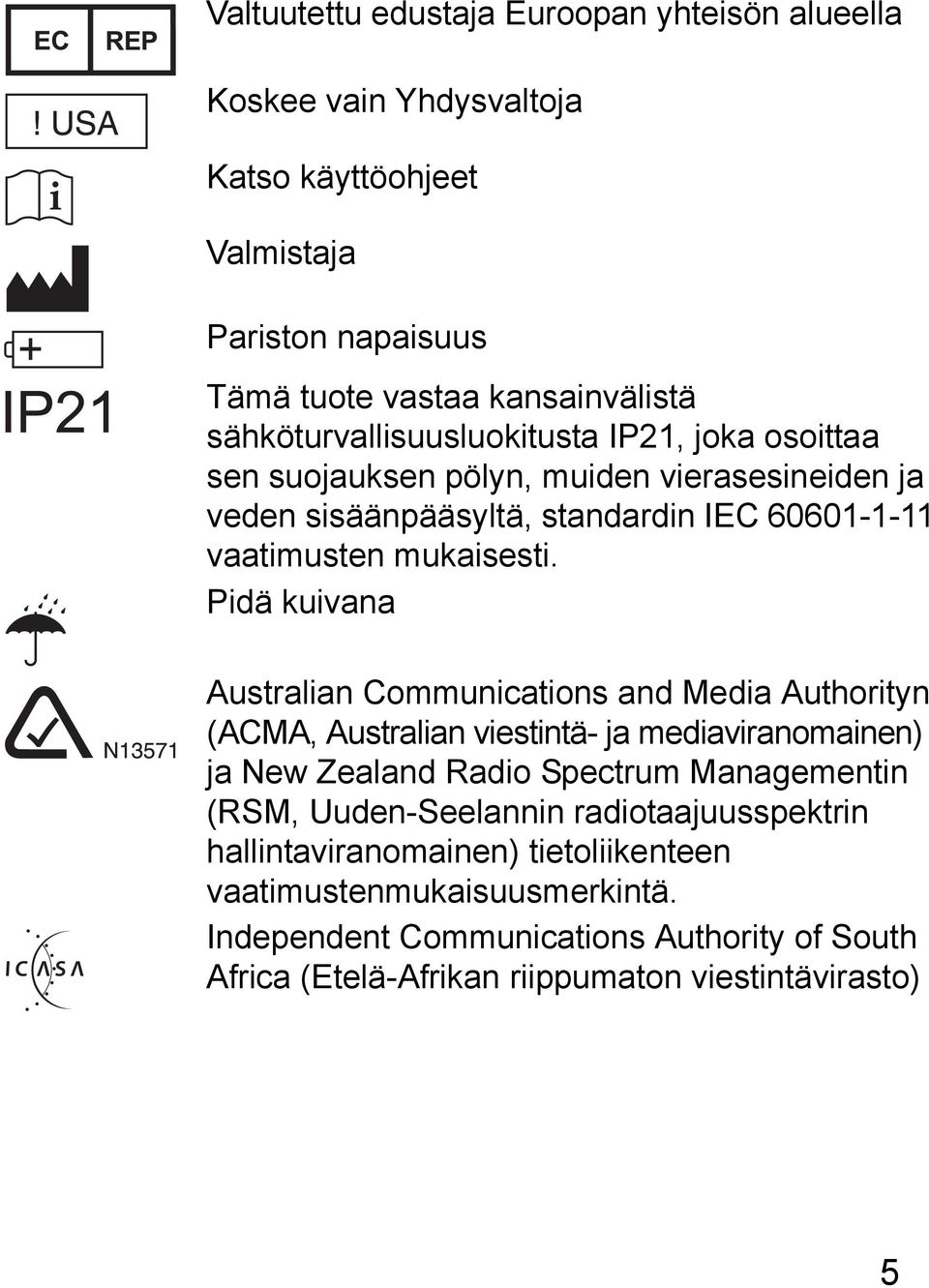 Pidä kuivana Australian Communications and Media Authorityn (ACMA, Australian viestintä- ja mediaviranomainen) ja New Zealand Radio Spectrum Managementin (RSM,