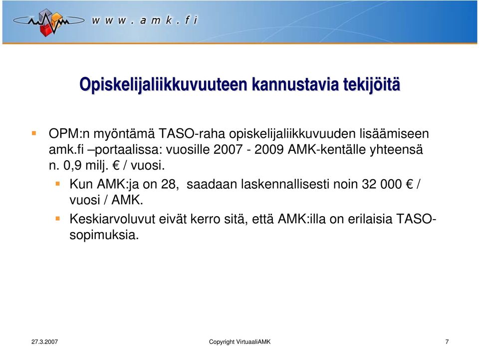 fi portaalissa: vuosille 2007-2009 AMK-kentälle yhteensä n. 0,9 milj. / vuosi.