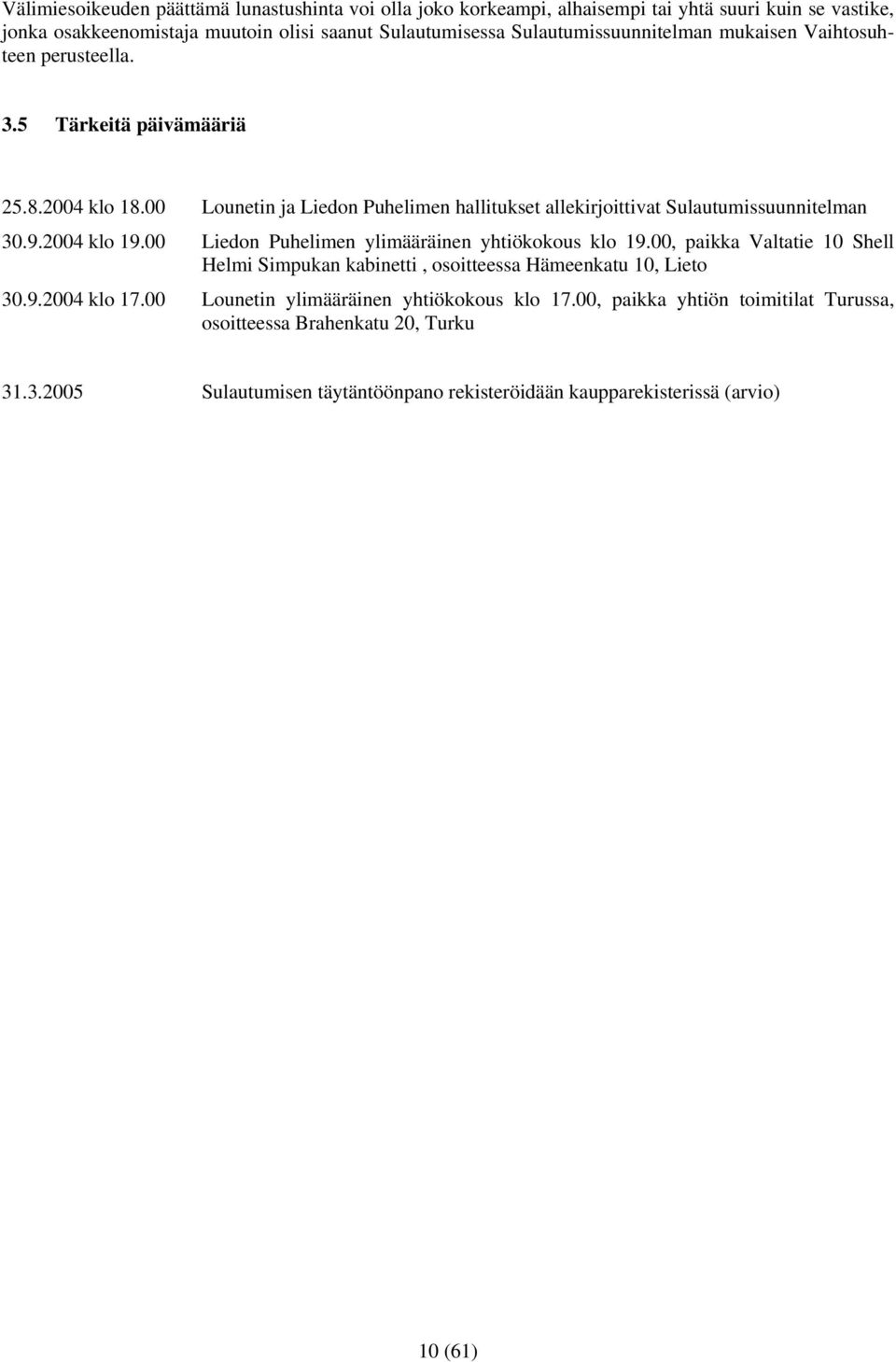 00 Lounetin ja Liedon Puhelimen hallitukset allekirjoittivat Sulautumissuunnitelman 30.9.2004 klo 19.00 Liedon Puhelimen ylimääräinen yhtiökokous klo 19.