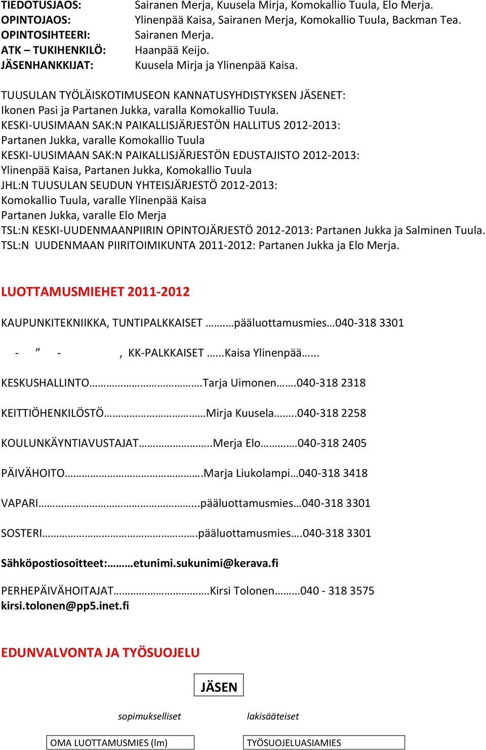 KESKI-UUSIMAAN SAK:N PAIKALLISJÄRJESTÖN HALLITUS 2012-2013: Partanen Jukka, varalle Komokallio Tuula KESKI-UUSIMAAN SAK:N PAIKALLISJÄRJESTÖN EDUSTAJISTO 2012-2013: Ylinenpää Kaisa, Partanen Jukka,