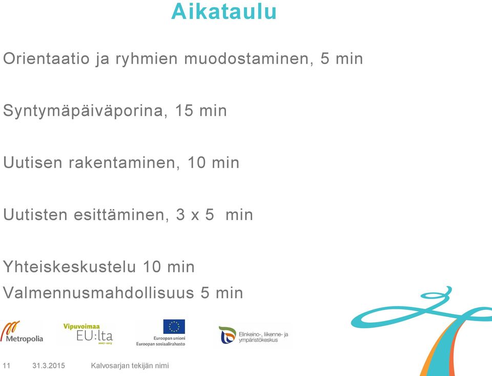 Uutisten esittäminen, 3 x 5 min Yhteiskeskustelu 10 min