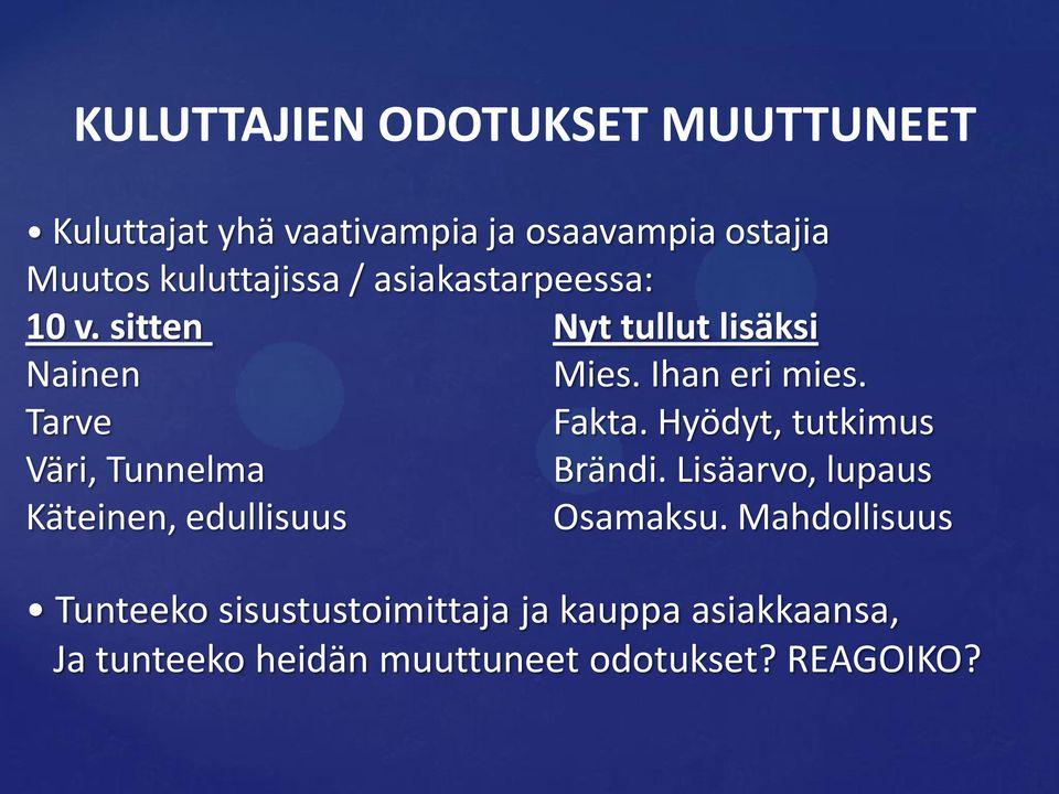 Tarve Fakta. Hyödyt, tutkimus Väri, Tunnelma Brändi. Lisäarvo, lupaus Käteinen, edullisuus Osamaksu.